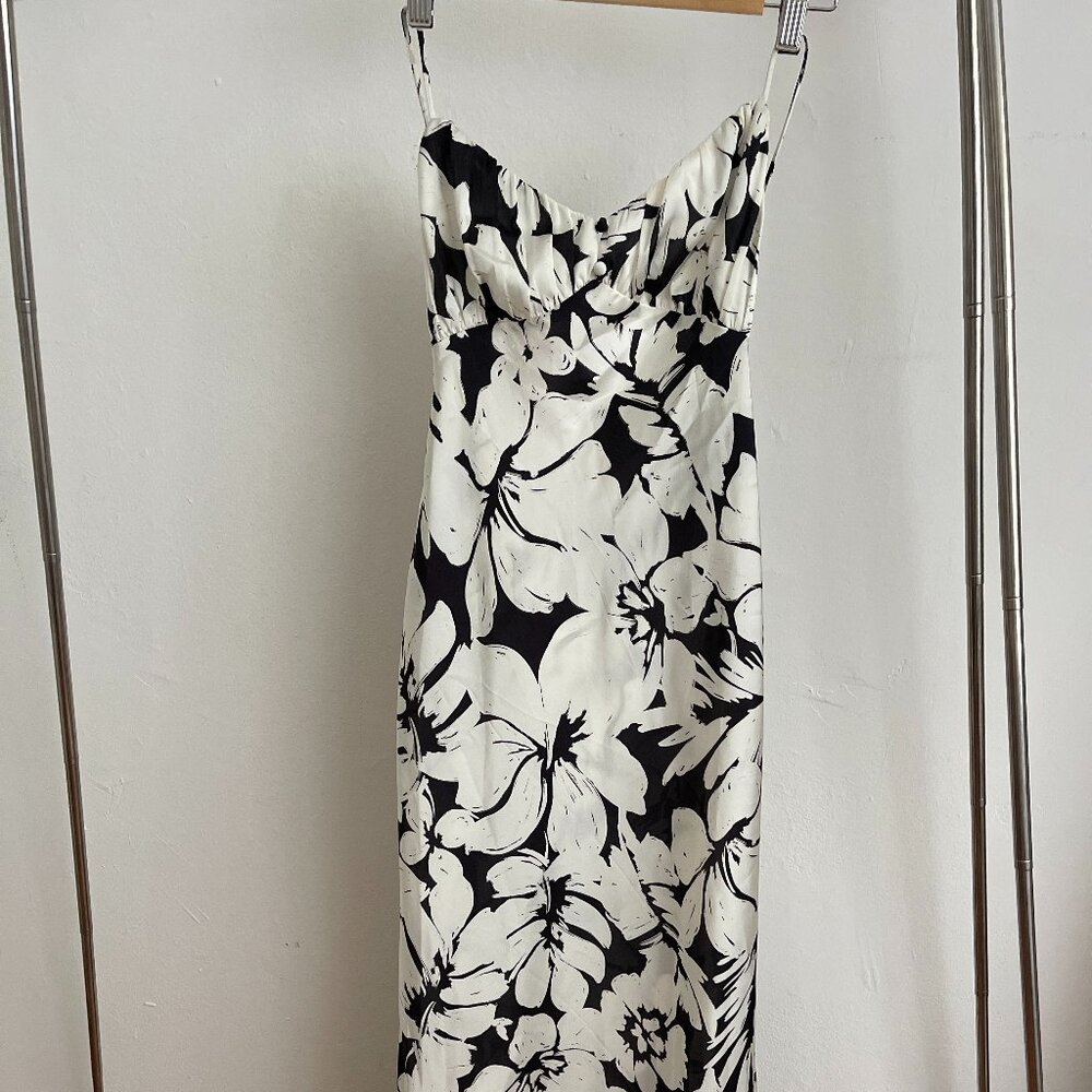 ZARA Black & White Floral Satin Strappy Dress | Summer Slip Dress | Size XS